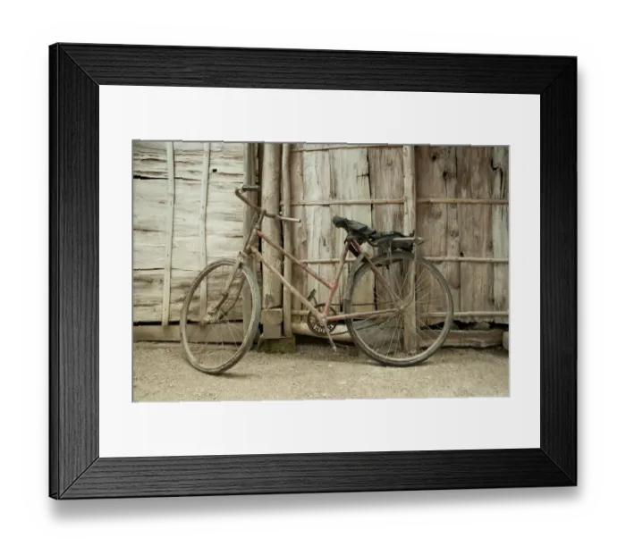 Framed Print : Rusty old bike leaning against wooden fence, Cepu, Java, Indonesia Framed Print : Rusty old bike leaning against wooden fence, Cepu, Java, Indonesia