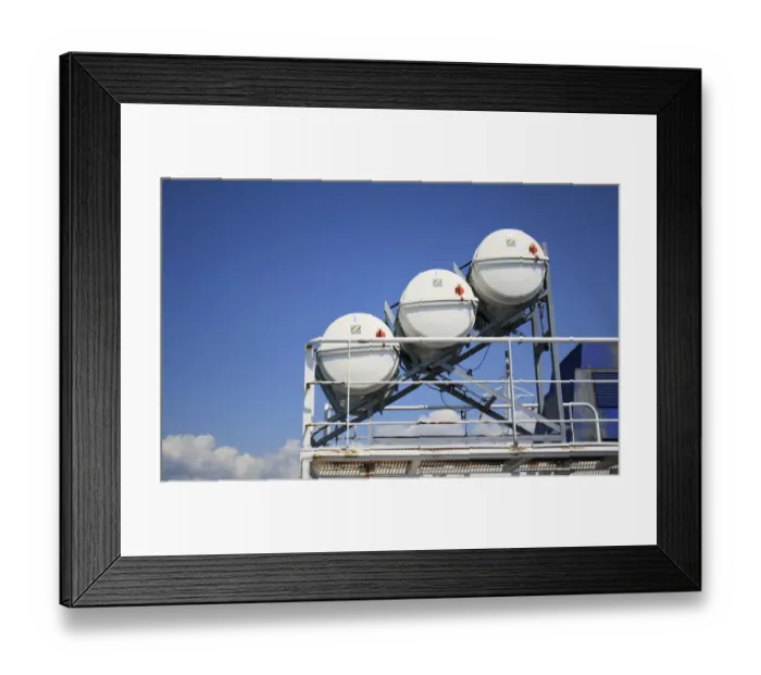 Framed Print : Zodiac inflatable lifeboats in storage canisters on ferry, The Solent, Isle of Wight, England, july Framed Print : Zodiac inflatable lifeboats in storage canisters on ferry, The Solent, Isle of Wight, England, july