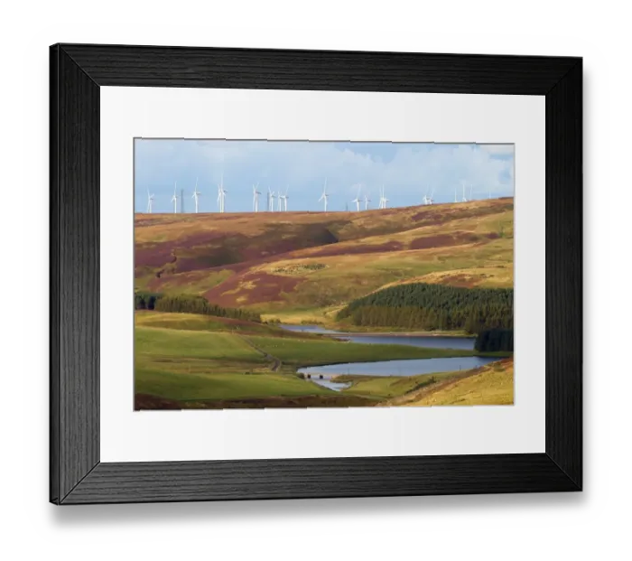 Framed Print : Wind turbines on hill above reservoir, Whiteadder Reservoir, Lammermuir Hills, Scottish Borders, Scotland, september