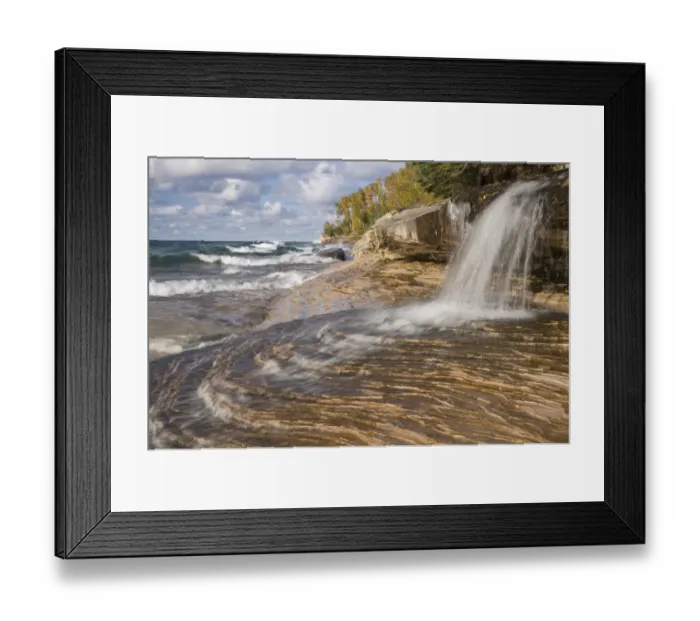 Framed Print : Waterfall flowing into freshwater lake, Lake Superior, Picture Rocks N. P. Upper Peninsula, Michigan, U. S. A. october Framed Print : Waterfall flowing into freshwater lake, Lake Superior, Picture Rocks N. P. Upper Peninsula, Michigan, U. S. A. october