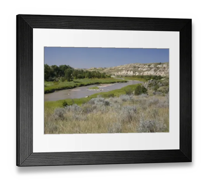 Framed Print : View of river flowing through ranch country, Little Missouri River, Badlands, North Dakota, U. S. A. august