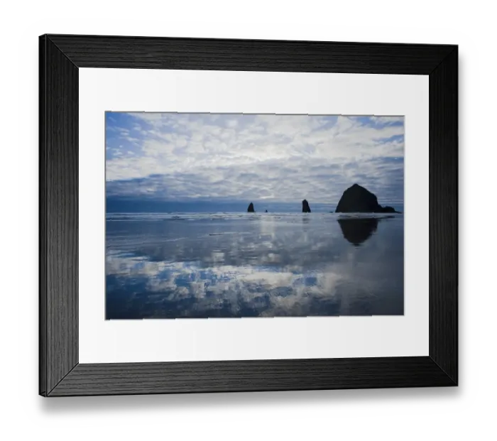 Framed Print : View of clouds reflected on shore and distant sea stacks at dusk, Cannon Beach, Oregon, U. S. A. july Framed Print : View of clouds reflected on shore and distant sea stacks at dusk, Cannon Beach, Oregon, U. S. A. july