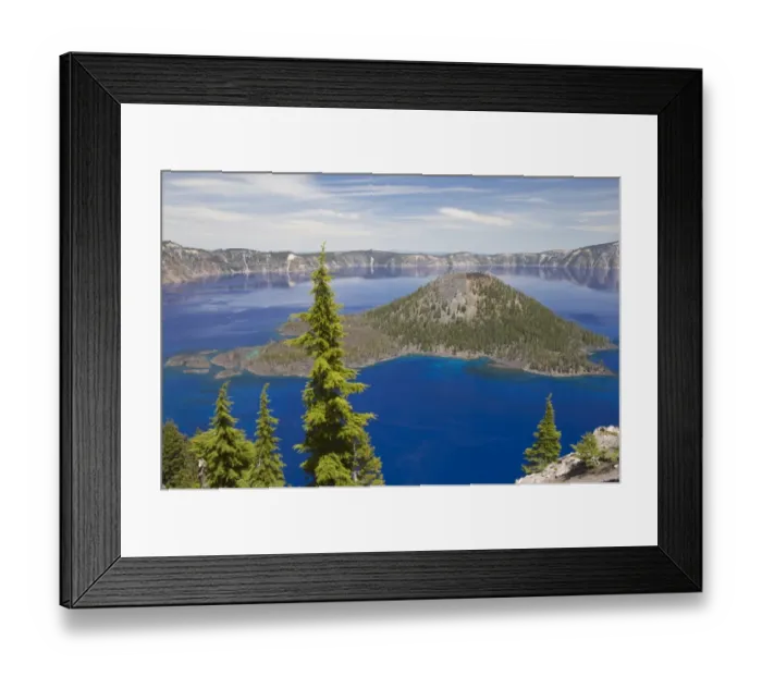 Framed Print : View of volcanic cinder cone forming island in caldera lake, Wizard Island, Crater Lake, Crater Lake N. P. Oregon, U. S. A Framed Print : View of volcanic cinder cone forming island in caldera lake, Wizard Island, Crater Lake, Crater Lake N. P. Oregon, U. S. A