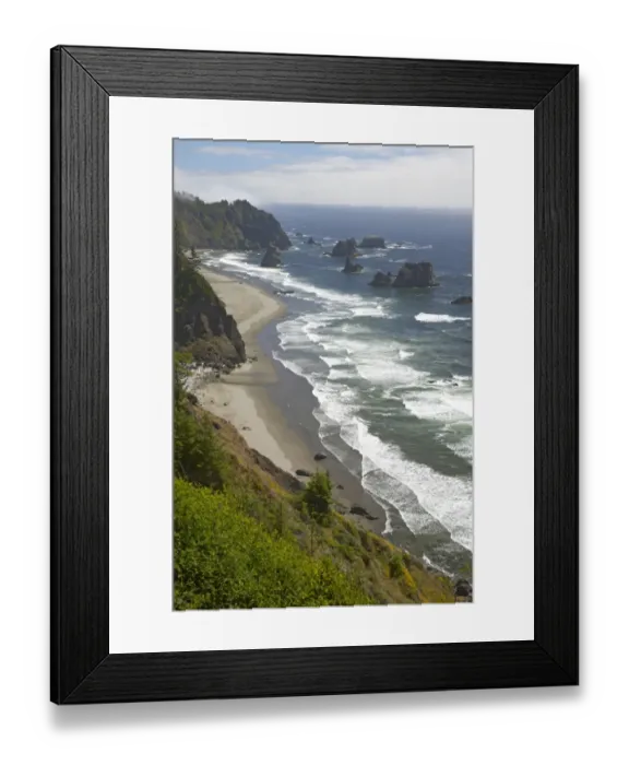 Framed Print : View of coastline with offshore sea stacks, between Brookings and Gold Beach, Oregon, U. S. A Framed Print : View of coastline with offshore sea stacks, between Brookings and Gold Beach, Oregon, U. S. A
