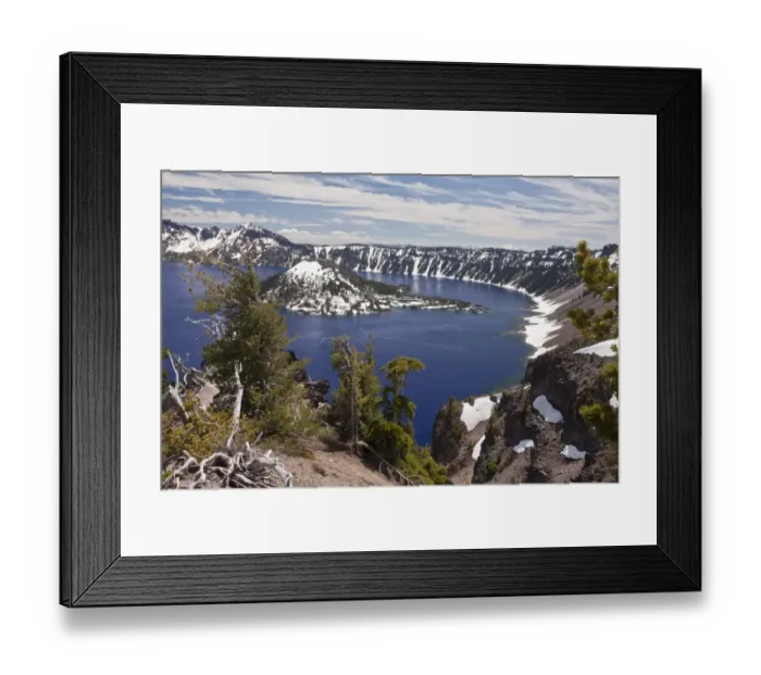 Framed Print : View of snow on volcanic cinder cone forming island in caldera lake at 7000ft. (2200m), Wizard Island, Crater Lake, Crater Lake N. P. Cascade Mountains, Oregon, U. S. A. july Framed Print : View of snow on volcanic cinder cone forming island in caldera lake at 7000ft. (2200m), Wizard Island, Crater Lake, Crater Lake N. P. Cascade Mountains, Oregon, U. S. A. july
