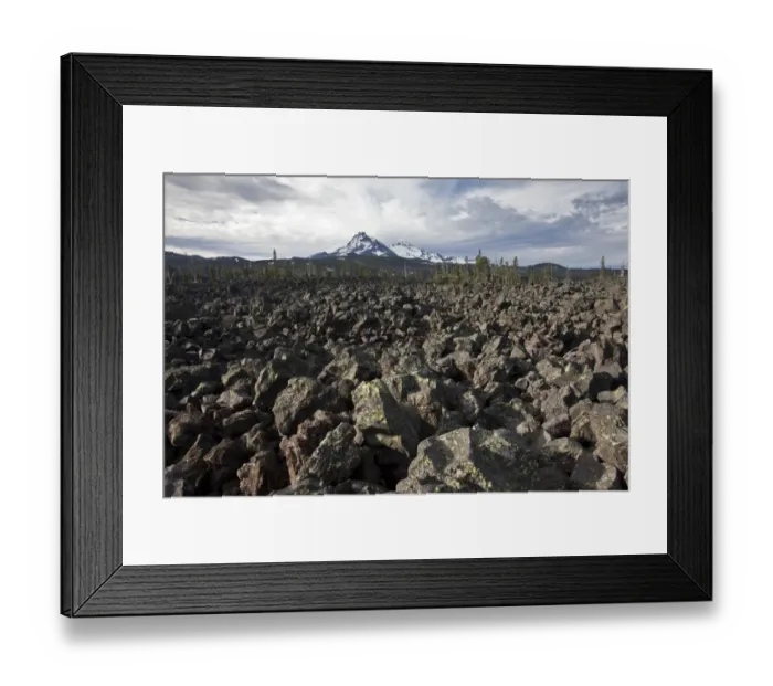 Framed Print : View of huge lava field habitat, McKenzie Pass (5335ft.  / 1623m), Belknap Crater Complex, Cascade Range, Central Oregon, U. S. A. july