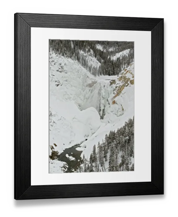 Framed Print : View of snow covered habitat with river and freezing waterfall, Yellowstone N. P. Wyoming, U. S. A. february