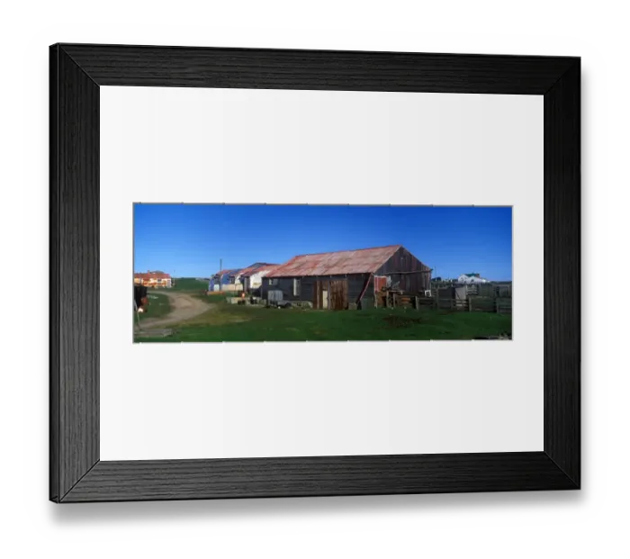 Framed Print : Falkland Islands Pebble Island Settlement - colourful farm buildings - Falklands Framed Print : Falkland Islands Pebble Island Settlement - colourful farm buildings - Falklands