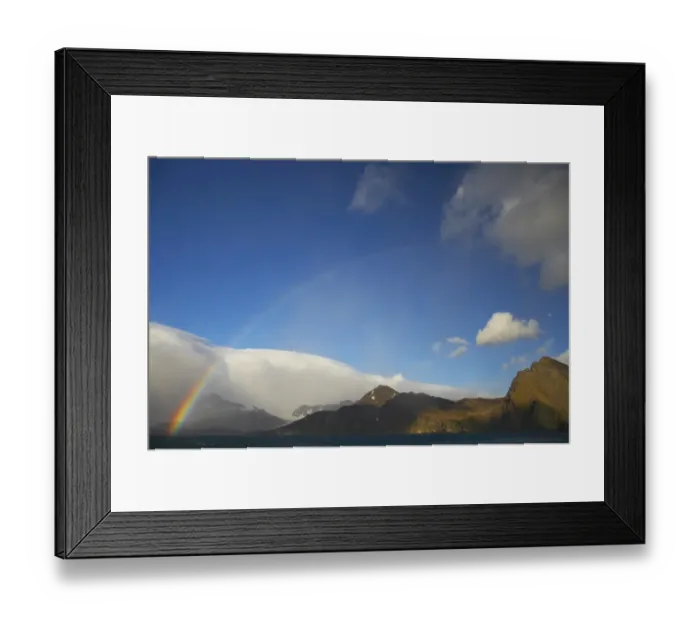 Framed Print : View of rainbow and moon over coastline, St. Andrews Bay, South Georgia Framed Print : View of rainbow and moon over coastline, St. Andrews Bay, South Georgia