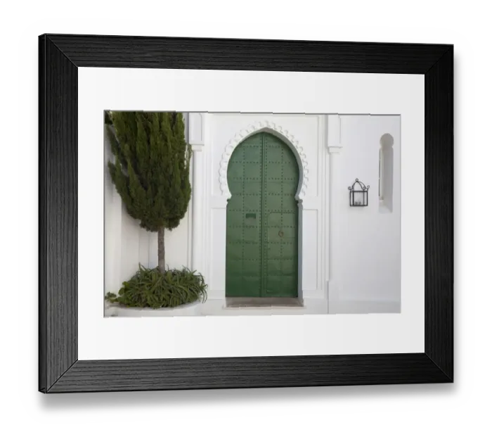 Framed Print : Green door and lantern in street of coastal city, Tangier, Morocco, april Framed Print : Green door and lantern in street of coastal city, Tangier, Morocco, april