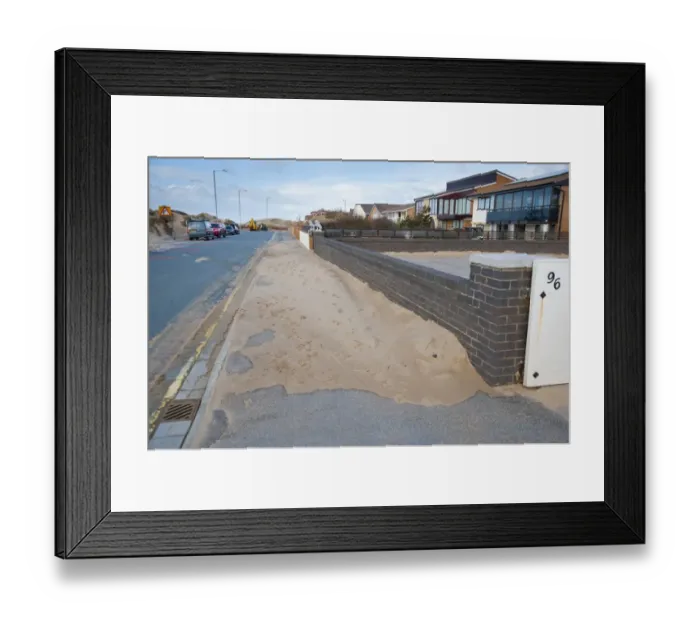 Framed Print : Sand blown from beach and dunes onto road and pavement in seaside resort town, Lytham St. Anne's, Lancashire, England, january Framed Print : Sand blown from beach and dunes onto road and pavement in seaside resort town, Lytham St. Anne's, Lancashire, England, january