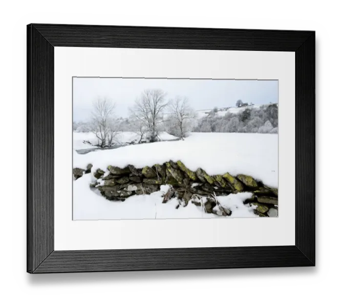 Framed Print : Snow covered drystone wall, with heavy rime frost on trees after freezing fog, Cumbria, England, december