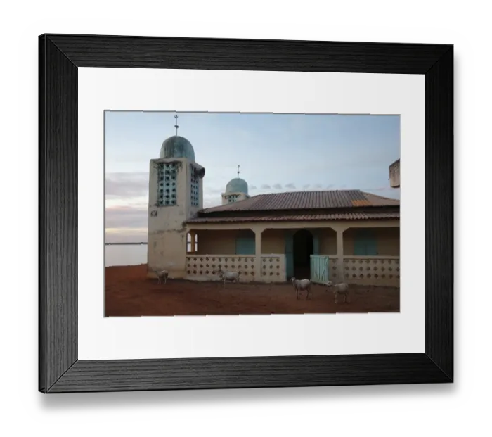 Framed Print : Mosque and sheep in village at sunset, Gambia, january Framed Print : Mosque and sheep in village at sunset, Gambia, january