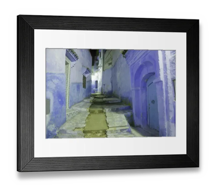 Framed Print : Blue door and houses in alley of city at night, Chefchaouen, Morocco, april