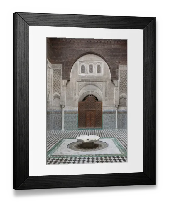 Framed Print : Madrasah courtyard with fountain in city, Al-Attarine Madrasa, Fes el Bali, Fes, Morocco, april Framed Print : Madrasah courtyard with fountain in city, Al-Attarine Madrasa, Fes el Bali, Fes, Morocco, april