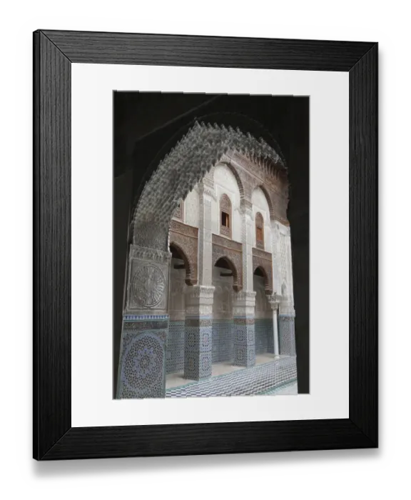 Framed Print : Madrasah courtyard with archway in city, Al-Attarine Madrasa, Fes el Bali, Fes, Morocco, april Framed Print : Madrasah courtyard with archway in city, Al-Attarine Madrasa, Fes el Bali, Fes, Morocco, april