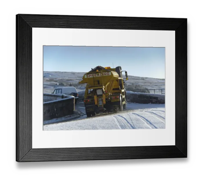 Framed Print : Council gritter lorry gritting snow covered rural road, Whitewell, Lancashire, England, november