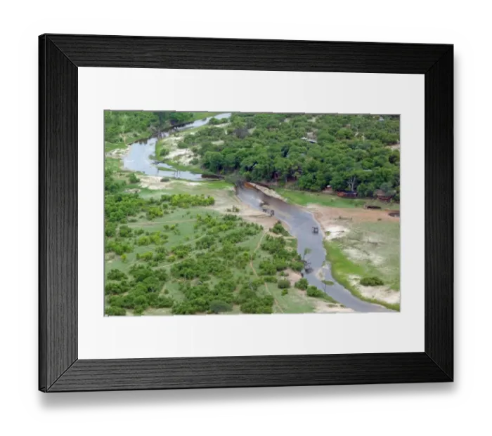 Framed Print : Aerial view of river, African Elephants (Loxodonta africana) and tourist lodge, Okavango Delta, Botswana Framed Print : Aerial view of river, African Elephants (Loxodonta africana) and tourist lodge, Okavango Delta, Botswana