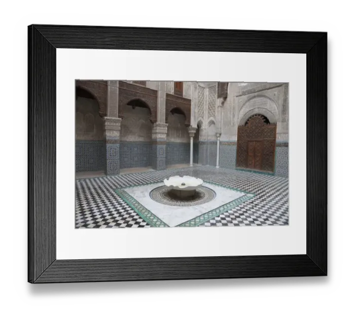 Framed Print : Madrasah courtyard with fountain in city, Al-Attarine Madrasa, Fes el Bali, Fes, Morocco, april Framed Print : Madrasah courtyard with fountain in city, Al-Attarine Madrasa, Fes el Bali, Fes, Morocco, april
