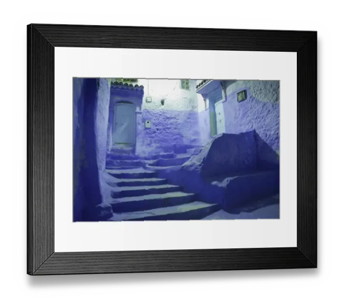 Framed Print : Blue doors and stairway in alley of city at night, Chefchaouen, Morocco, april Framed Print : Blue doors and stairway in alley of city at night, Chefchaouen, Morocco, april