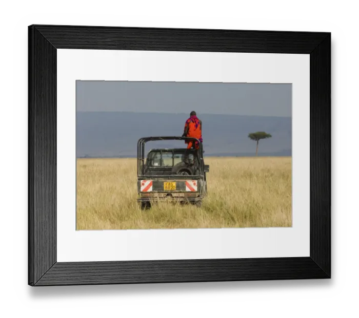 Framed Print : Masai tribesman, standing in back of jeep, Masai Mara, Kenya