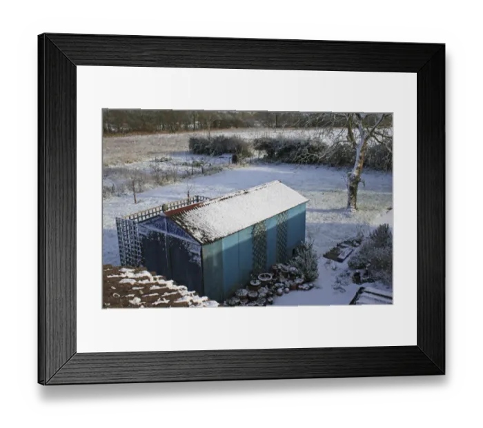 Framed Print : View of snow covered garage and rural garden, Suffolk, England, november Framed Print : View of snow covered garage and rural garden, Suffolk, England, november