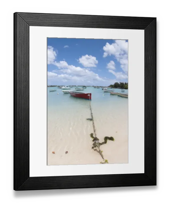 Framed Print : Boats moored beside sandy beach, West Mauritius Framed Print : Boats moored beside sandy beach, West Mauritius