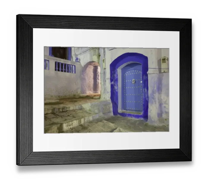 Framed Print : Blue door in alley of city at night, Chefchaouen, Morocco, april Framed Print : Blue door in alley of city at night, Chefchaouen, Morocco, april