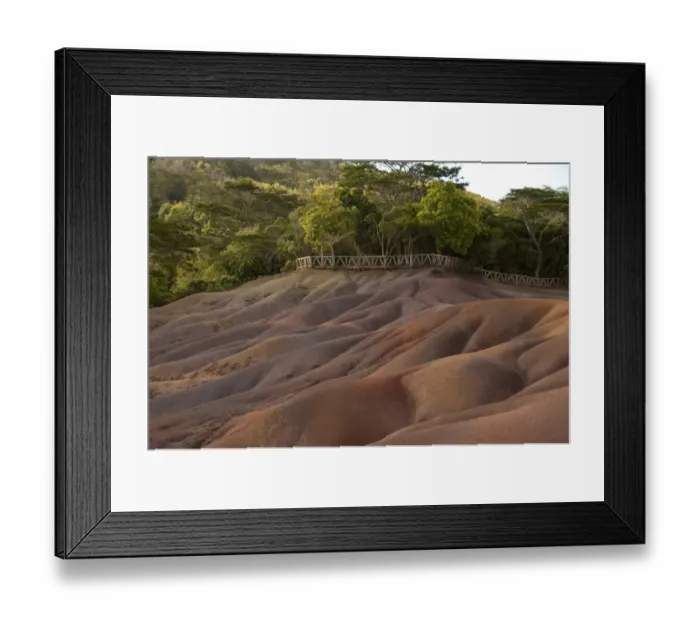 Framed Print : View of sand dunes comprising of different coloured sands, caused by decomposed basalt gullies of ferralitic soil, red colour caused by iron sesquioxydes and blue colour caused by aluminium sesquioxydes, Seven Coloured Earths, Chamarel Framed Print : View of sand dunes comprising of different coloured sands, caused by decomposed basalt gullies of ferralitic soil, red colour caused by iron sesquioxydes and blue colour caused by aluminium sesquioxydes, Seven Coloured Earths, Chamarel