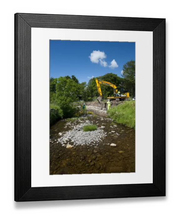 Framed Print : Excavator improving stream bank to help prevent flooding, Cumbria, England, june Framed Print : Excavator improving stream bank to help prevent flooding, Cumbria, England, june
