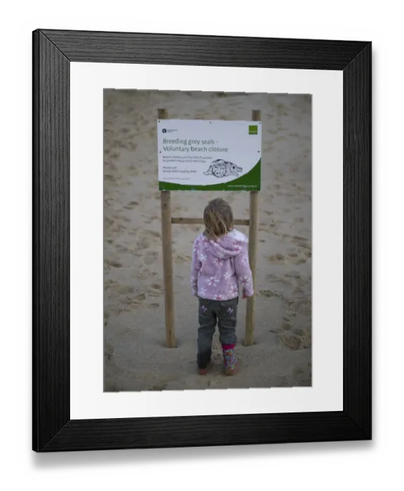 Framed Print : Young girl looking at Breeding Grey Seals, Voluntary Beach Closure sign on beach near seal colony, Winterton, Norfolk, England, december Framed Print : Young girl looking at Breeding Grey Seals, Voluntary Beach Closure sign on beach near seal colony, Winterton, Norfolk, England, december