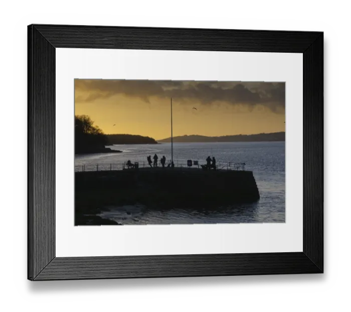 Framed Print : Anglers on pier silhouetted at sunset, River Kent, Arnside, Morecambe Bay, Cumbria, England, january