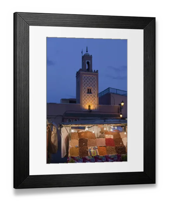 Framed Print : Mosque minaret and market stand in city at dusk, Djemaa el Fna, Marrakesh, Morocco, april
