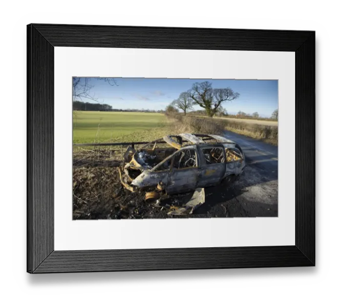 Framed Print : Burnt-out vehicle in farm gateway, Skipwith, North Yorkshire, England, january Framed Print : Burnt-out vehicle in farm gateway, Skipwith, North Yorkshire, England, january
