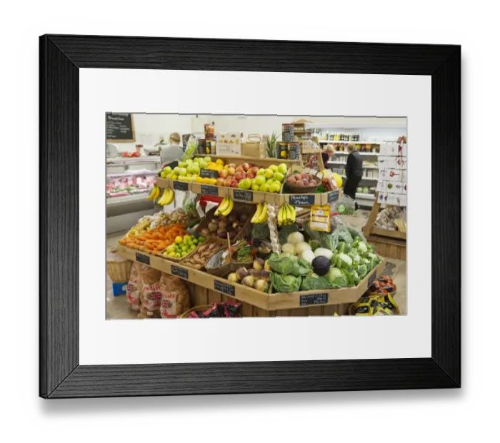 Framed Print : Fruit and vegetable in farm shop, Bradford, West Yorkshire, England, july Framed Print : Fruit and vegetable in farm shop, Bradford, West Yorkshire, England, july