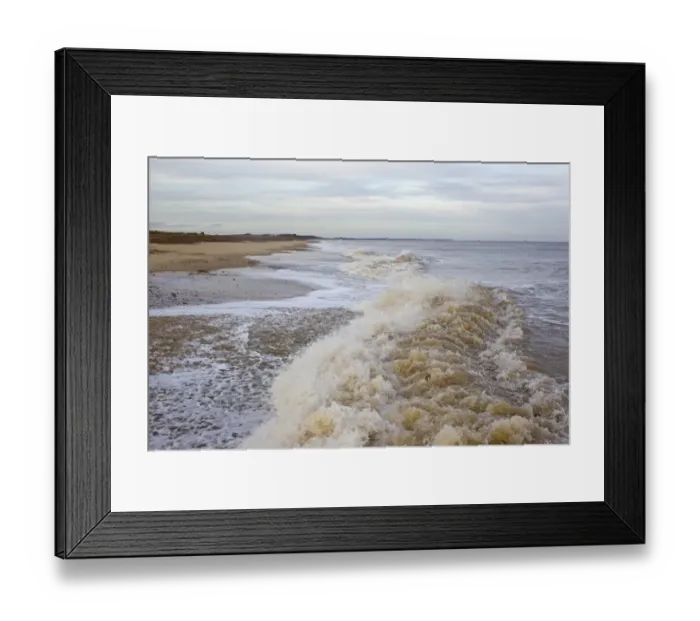 Framed Print : Waves breaking on beach, Minsmere RSPB Reserve, Suffolk, England, november Framed Print : Waves breaking on beach, Minsmere RSPB Reserve, Suffolk, England, november