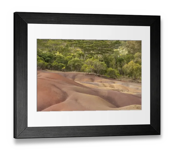 Framed Print : View of sand dunes comprising of different coloured sands, caused by decomposed basalt gullies of ferralitic soil, red colour caused by iron sesquioxydes and blue colour caused by aluminium sesquioxydes, Seven Coloured Earths, Chamarel Framed Print : View of sand dunes comprising of different coloured sands, caused by decomposed basalt gullies of ferralitic soil, red colour caused by iron sesquioxydes and blue colour caused by aluminium sesquioxydes, Seven Coloured Earths, Chamarel