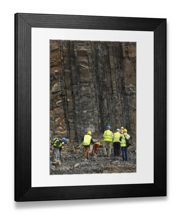 Framed Print : Geologists looking at quarry face, Wenlock sandstone dominated mid-Silurian sedimentary deposits, Tan-Y-Foel Quarry, Penstrowed Grits Formation, Powys, Wales, august Framed Print : Geologists looking at quarry face, Wenlock sandstone dominated mid-Silurian sedimentary deposits, Tan-Y-Foel Quarry, Penstrowed Grits Formation, Powys, Wales, august