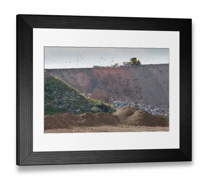 Framed Print : Compaction machines working on council rubbish tip, near Ellesmere, Cheshire, England, march Framed Print : Compaction machines working on council rubbish tip, near Ellesmere, Cheshire, England, march