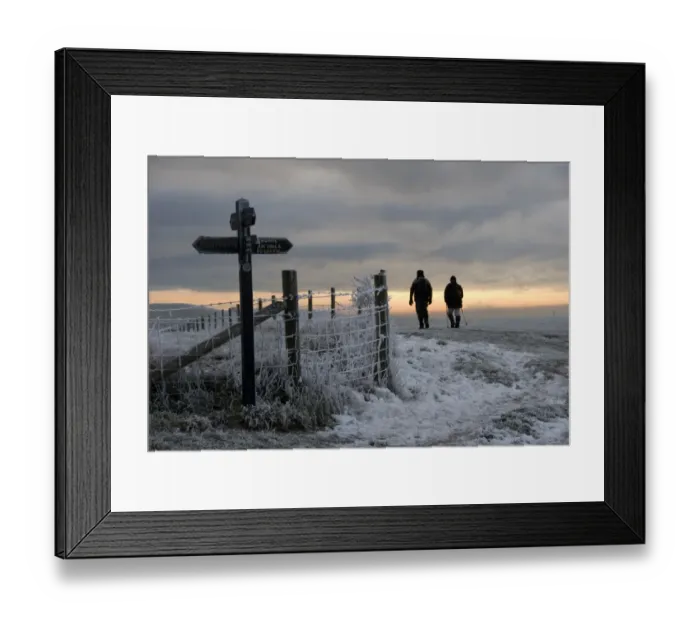 Framed Print : Walkers on frost and snow covered footpath, beside signpost and fence at sunset, Ridgeway Path, near Pitstone Hill, Chilterns, Buckinghamshire, England, december Framed Print : Walkers on frost and snow covered footpath, beside signpost and fence at sunset, Ridgeway Path, near Pitstone Hill, Chilterns, Buckinghamshire, England, december