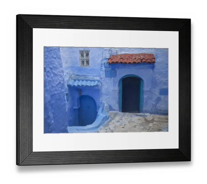 Framed Print : Blue doors and houses in alley of city, Chefchaouen, Morocco, april Framed Print : Blue doors and houses in alley of city, Chefchaouen, Morocco, april