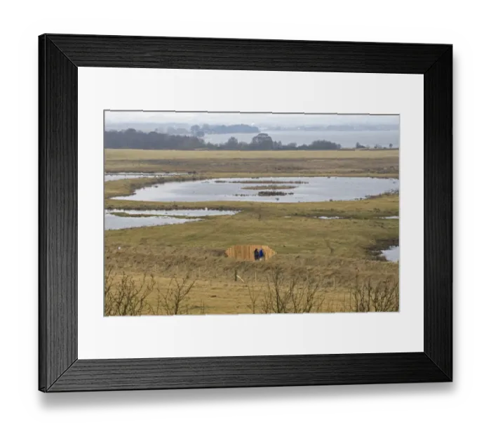 Framed Print : View of wetland habitat with viewing screen and freshwater loch, Loch Leven, Vane Farm RSPB Reserve, Perth and Kinross, Scotland, march