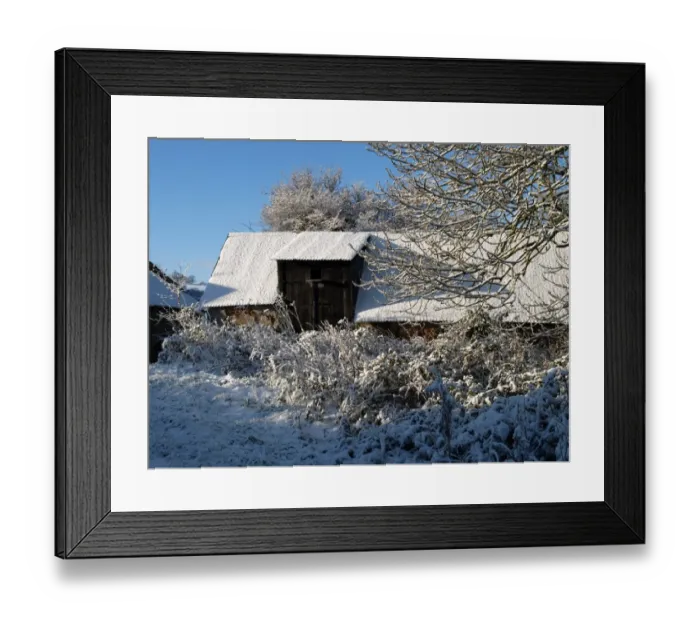 Framed Print : Snow covered barn, Devon, England, winter