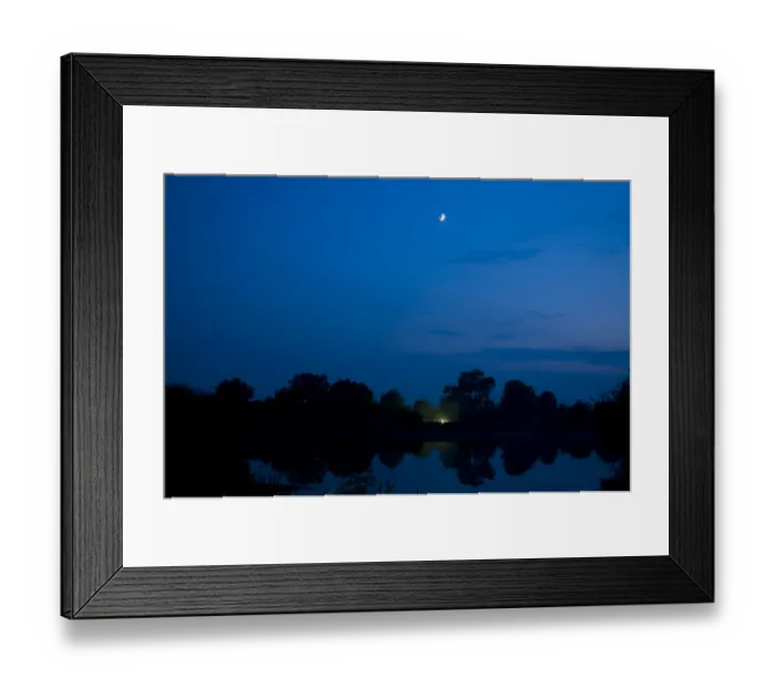 Framed Print : Crescent Moon, above mercury vapour moth trap in beside flooded former gravel pit habitat at night, Priory Water Nature Reserve, Leicestershire, England, june