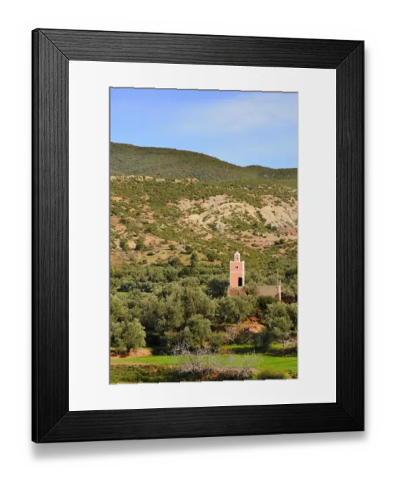 Framed Print : View of farmland, mosque minaret and hills, Ait-Ourir, Al Haouz Province, Morocco, january Framed Print : View of farmland, mosque minaret and hills, Ait-Ourir, Al Haouz Province, Morocco, january