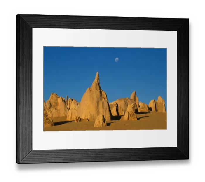 Framed Print : Moon The moon behind limestone pillars of the Pinnacles Desert of Nambung NP