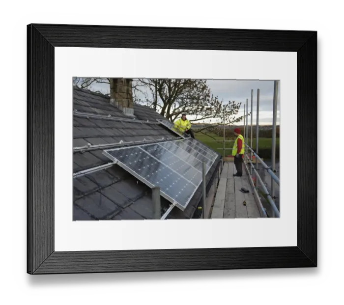 Framed Print : Solar power, photovoltaic panels being fitted on house roof, near Chipping, Lancashire, England, november Framed Print : Solar power, photovoltaic panels being fitted on house roof, near Chipping, Lancashire, England, november