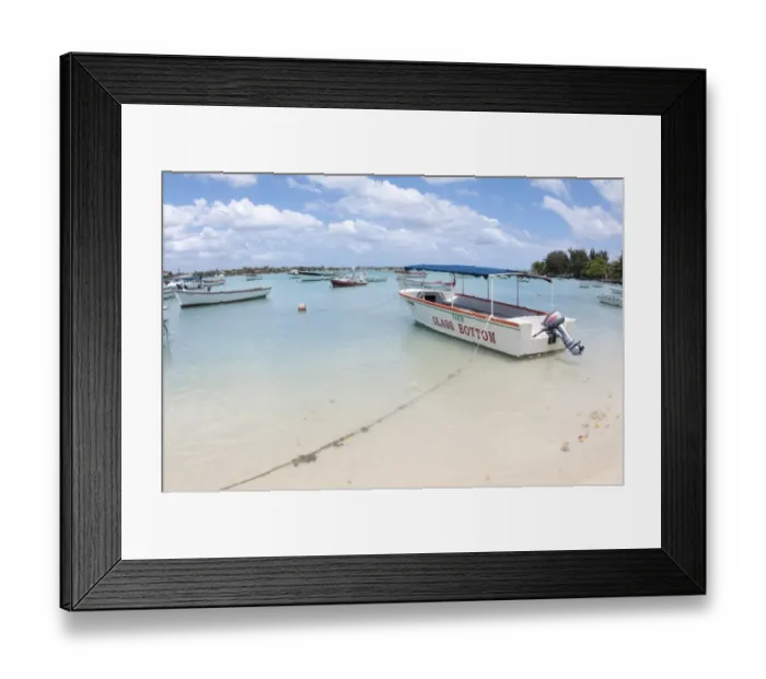 Framed Print : Glass Bottom tourist boat moored beside sandy beach, West Mauritius Framed Print : Glass Bottom tourist boat moored beside sandy beach, West Mauritius
