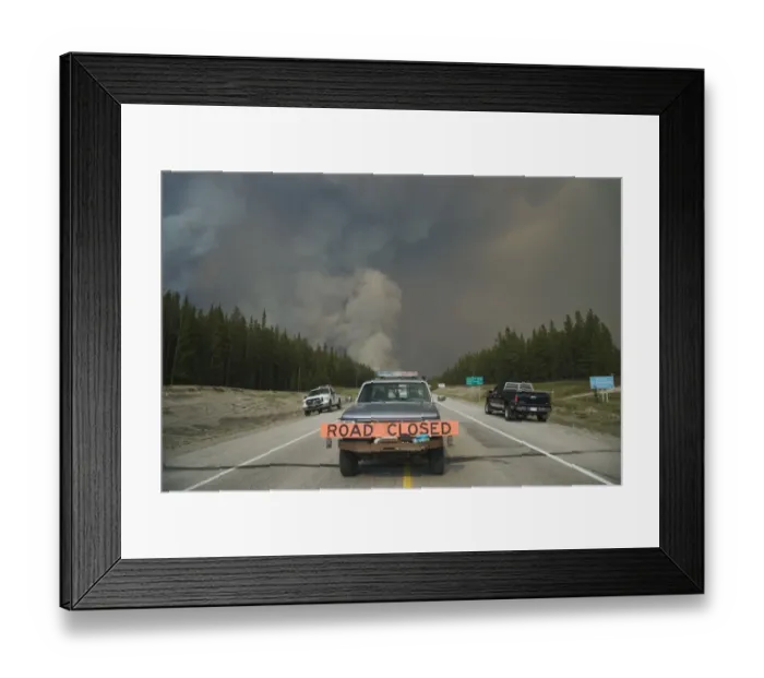 Framed Print : Forest fire, controlled burn beside road, Road Closed sign on pickup truck, Saskatchewan Valley, Banff N. P. Rocky Mountains, Alberta, Canada, june 2009 Framed Print : Forest fire, controlled burn beside road, Road Closed sign on pickup truck, Saskatchewan Valley, Banff N. P. Rocky Mountains, Alberta, Canada, june 2009