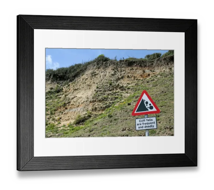 Framed Print : Cliff falls are frequent and deadly sign beside coastal cliff erosion, Dunwich, Suffolk, England, july Framed Print : Cliff falls are frequent and deadly sign beside coastal cliff erosion, Dunwich, Suffolk, England, july